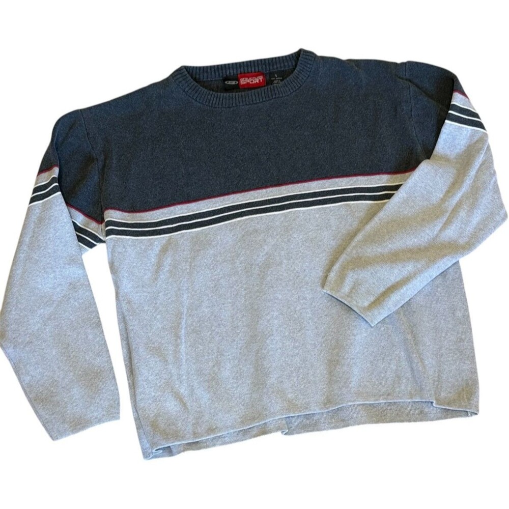 Structure Sport Vintage 90s Sweater Large Gray Chest Stripe Cotton Knit Urban
